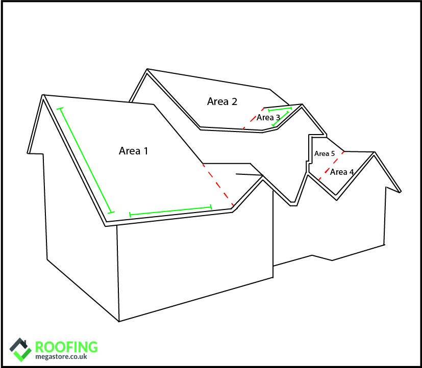 diagram showing how to calculate area of a complex roof
